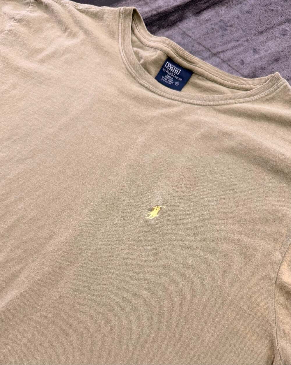 Polo Ralph Lauren Mens XL Beige Khaki T Shirt Canary Yellow Pony Crewneck Flaws
